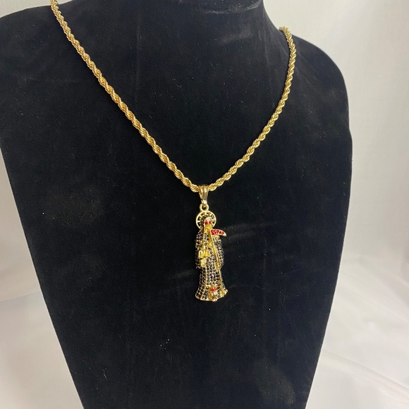 New 18k Gold Plated Grim Reaper Santa Muerte Death Pendant 2.5" - Picture 1 of 3